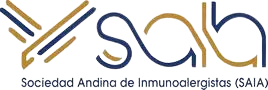 Logotipo de la SAIA, Sociedad Andina de Inmunoalergistas, con un diseño abstracto en colores dorado y azul.