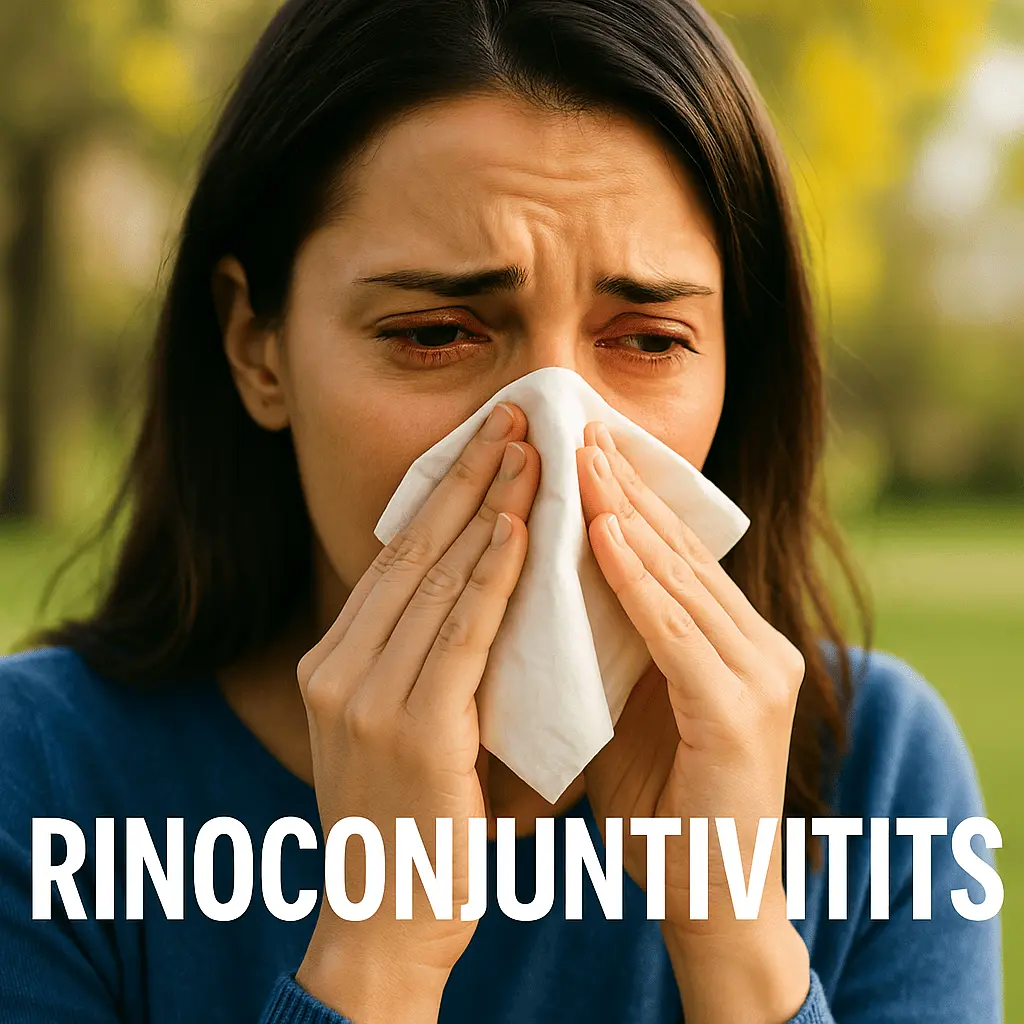 Mujer estornudando o sonándose la nariz con un pañuelo de papel, con los ojos enrojecidos e irritados, síntoma de rinoconjuntivitis. Texto: RINOCONJUNTIVITIS.