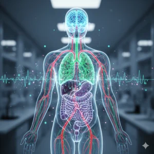 Representación conceptual de varios sistemas biológicos del cuerpo humano (inmune, nervioso, respiratorio) conectados por líneas o nodos, ilustrando su funcionamiento integrado.