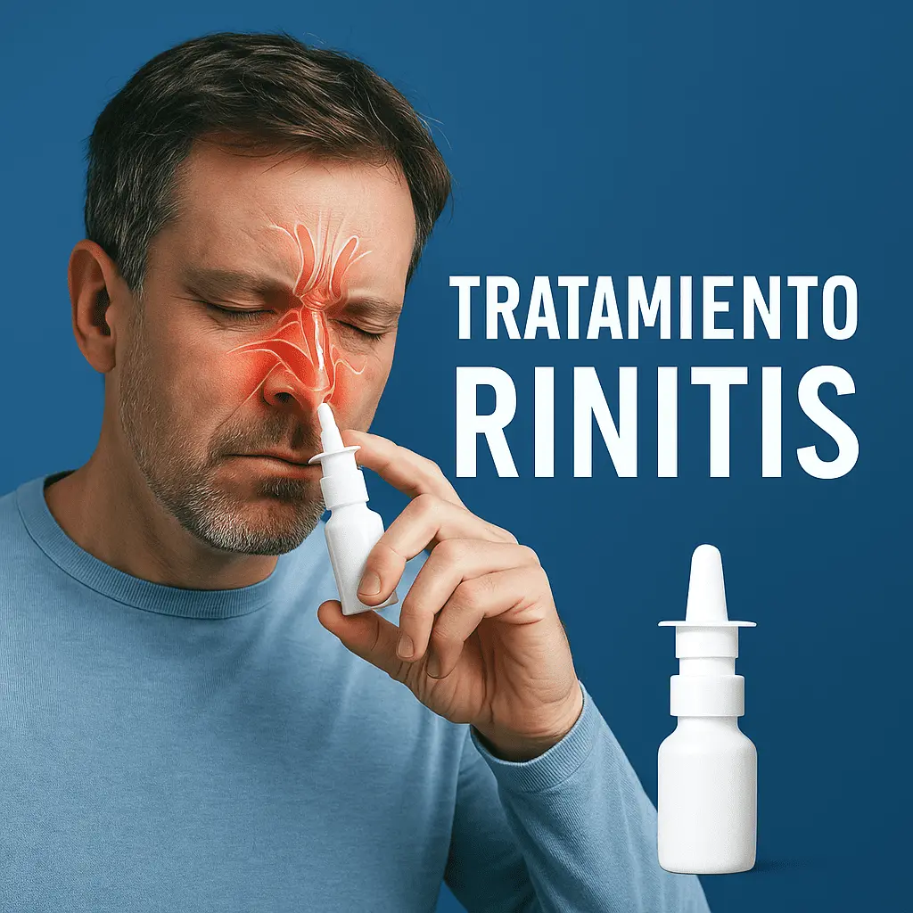 Hombre usando un spray nasal para aliviar la rinitis alérgica, con el área sinusal resaltada en rojo. Texto: TRATAMIENTO RINITIS.