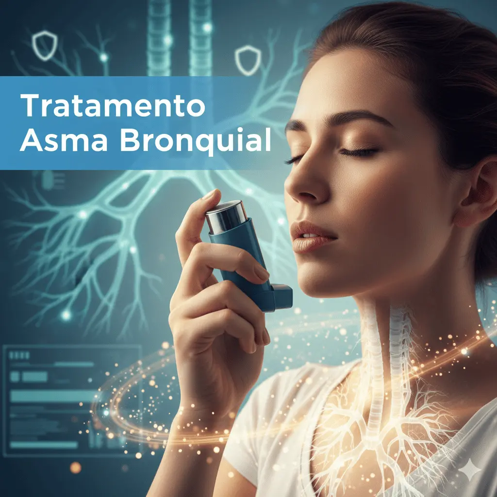 Mujer usando inhalador para aliviar el asma bronquial, con fondo de diseño digital representando los bronquios y el flujo de aire.