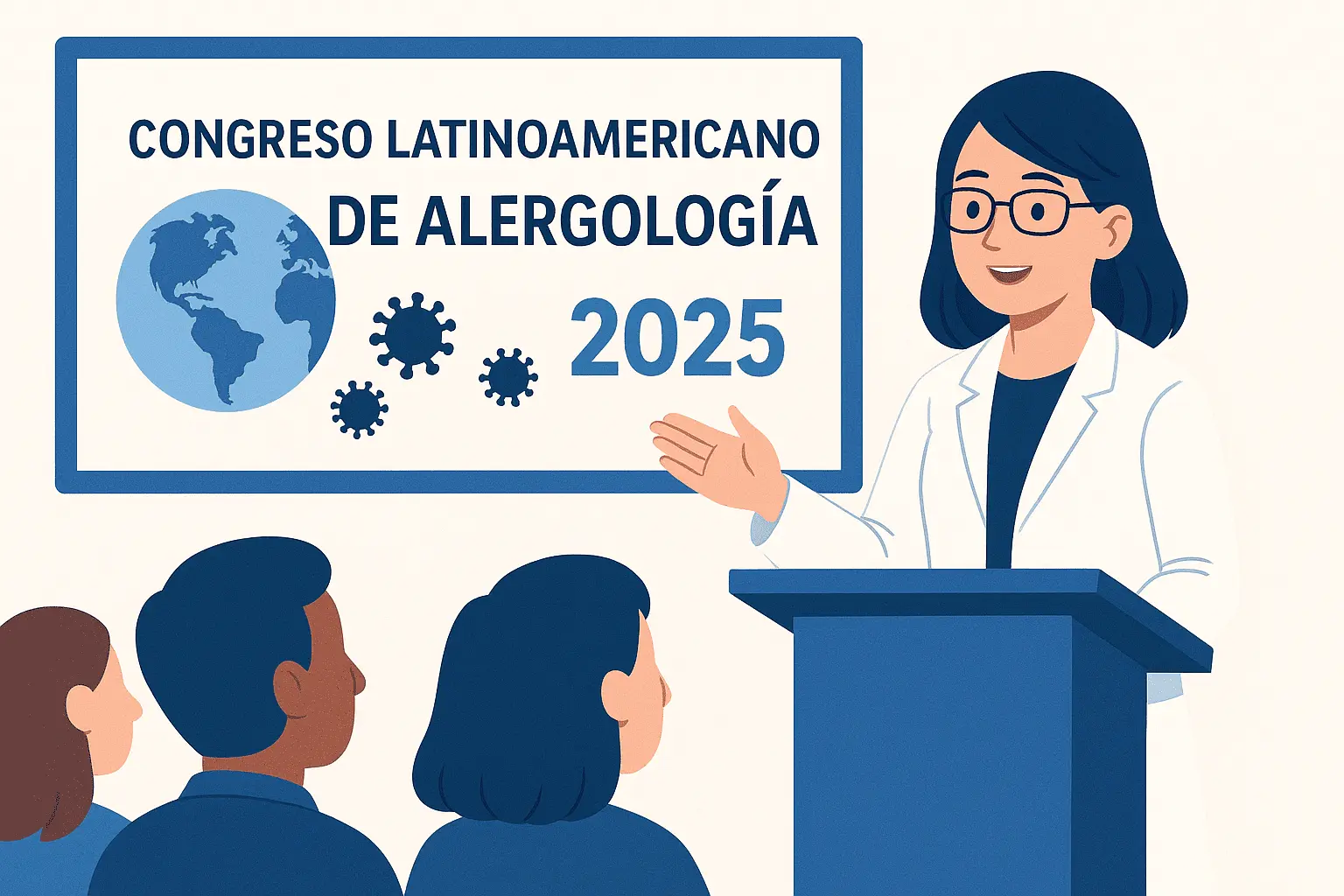 Congreso Latinoamericano de Alergología 2025, médica exponiendo frente a profesionales de la salud.