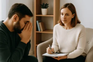 Profesional de la salud tomando nota durante una consulta con un paciente en proceso terapéutico.