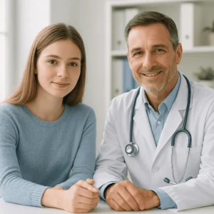 Médico y paciente joven sonrientes en consulta, ejemplo de diagnóstico temprano efectivo.