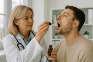Médica administrando tratamiento sublingual a paciente con alergia respiratoria.