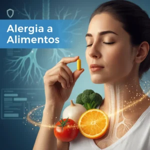 Mujer joven con cápsula en la mano rodeada de alimentos, ilustrando alergia a alimentos